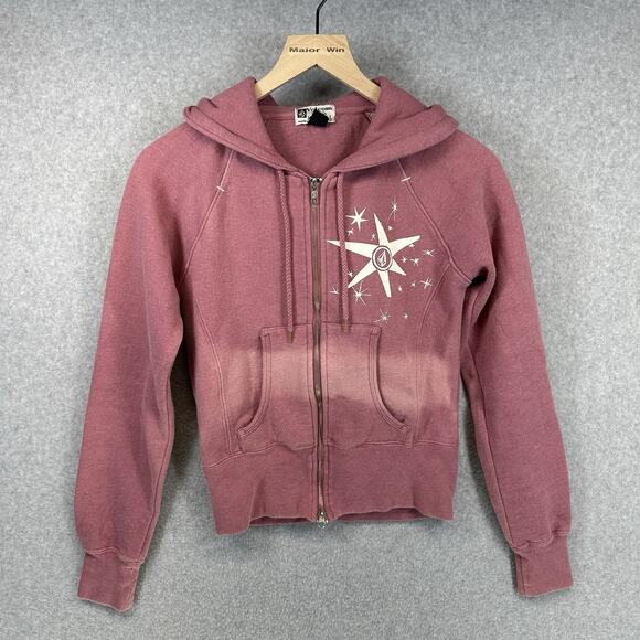 Volcom Hoodie Womens Y2K Knitwear Vintage Sweater Size XS Pink Full Zip Stripe - Picture 1 of 16